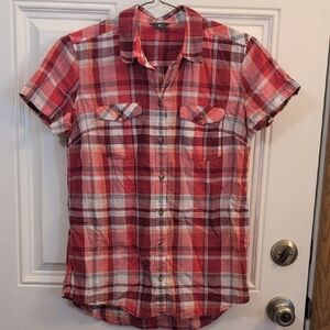 Eddie Bauer Women's Red and White Plaid Button Down Shirt